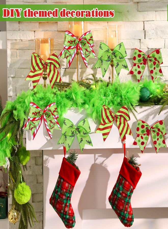 Janinka 16 Pcs Red Green Christmas Bows-6 Inch Lime Green Christmas Wreath Bows Xmas Tree Glitter Polka Dot Stripe Elf Candy Cane Burlap Ribbon Ornaments for Garland Wedding Home Party (4 Style) - Image 4